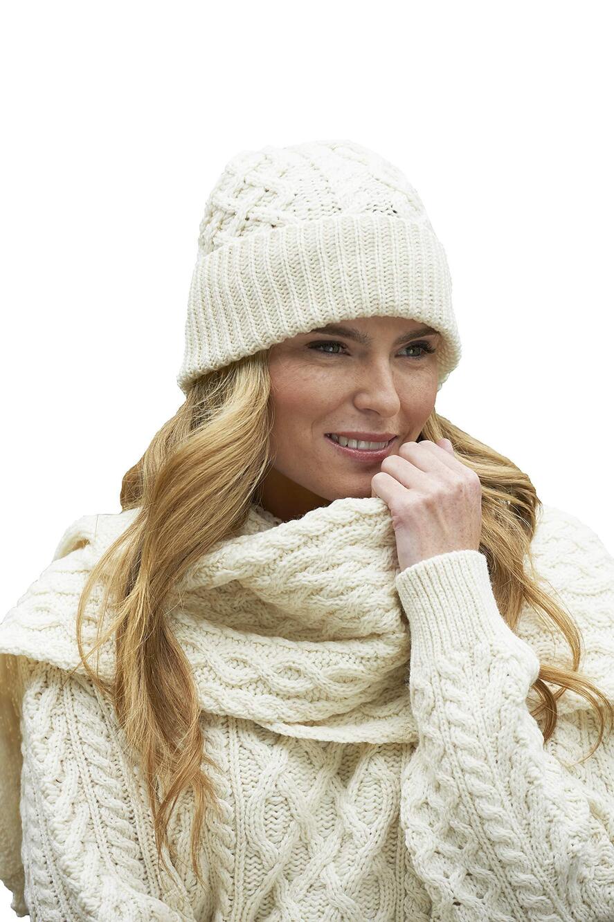 2589 Irish Cable Knitted Wool Trellis Pattern Merino Hat X4841-NAT Natural